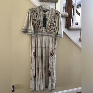 YOUNG THREADS NWT Dress Grey Wine Embroidery Maxi Gauze Stunning medium large